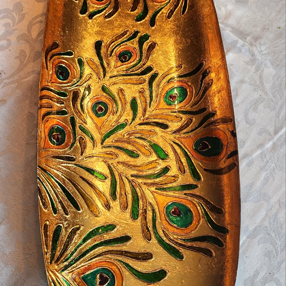 PIER ONE IMPORTS ROYAL PEACOCK FEATHERS WALL ART/VANITY TRAY 27” LONG HEAVY RARE